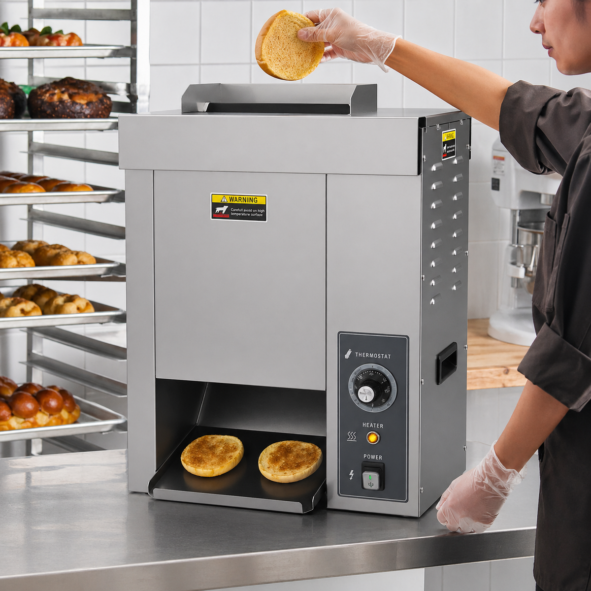Vertical bun toaster in use on a commercial kitchen counter
